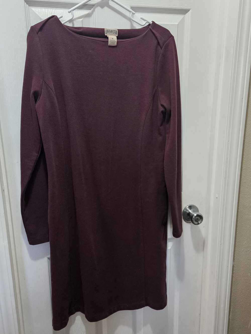 Duluth Trading Co Long Sleeve Boatneck Sheath Dress in Deep Plum